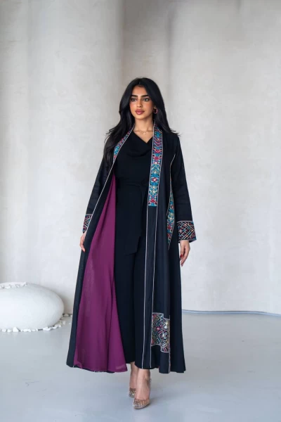 Linen Abaya in black with embroidery IB279 Black